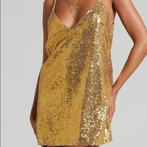 Never worn - STRAPPY V NECK SLIP SEQUIN MINI DRESS IN GOLD SEQUINS